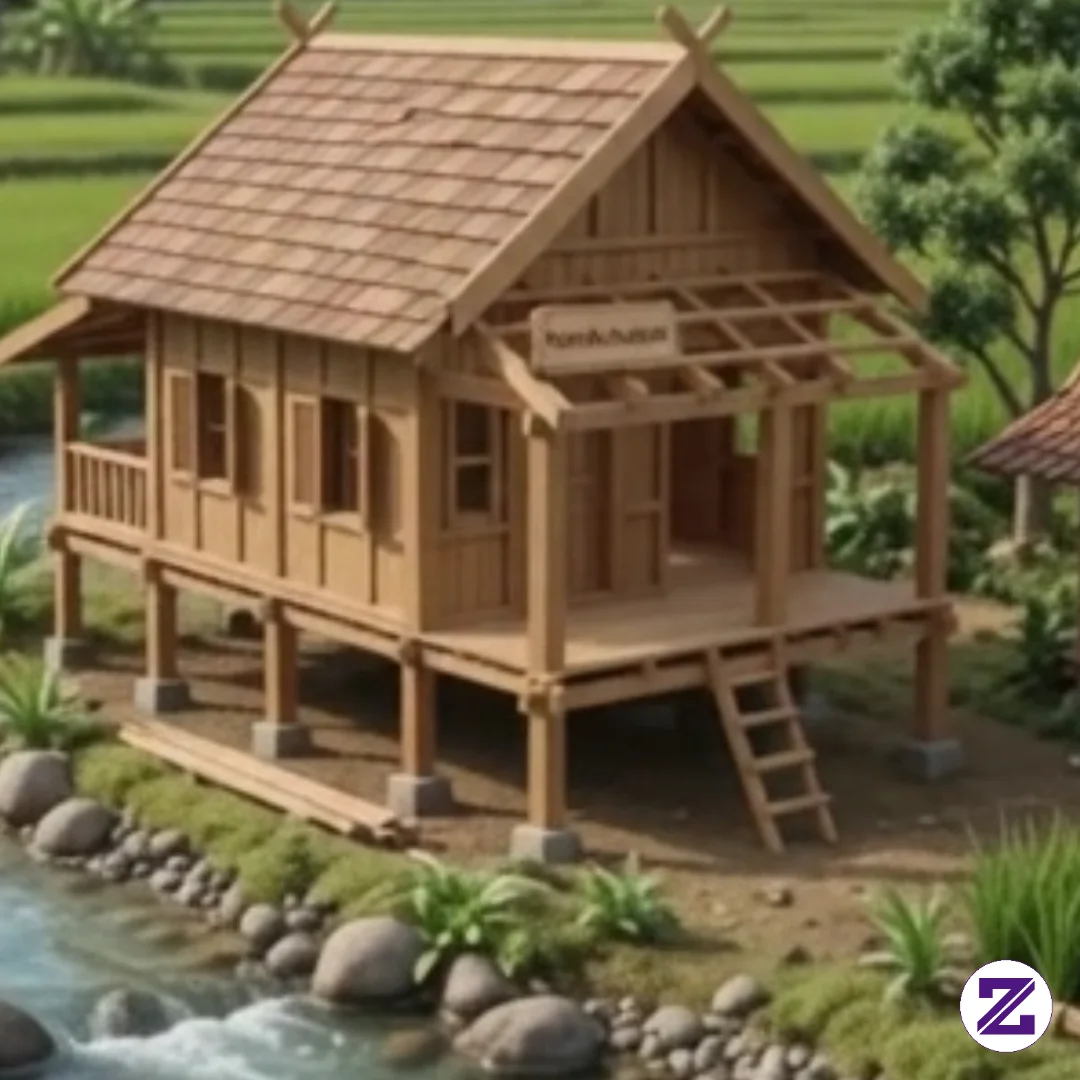 Miniatur Rumah Panggung Pedesaan Yang Asri Sawah, Pegunungan, Aliran Sungai.