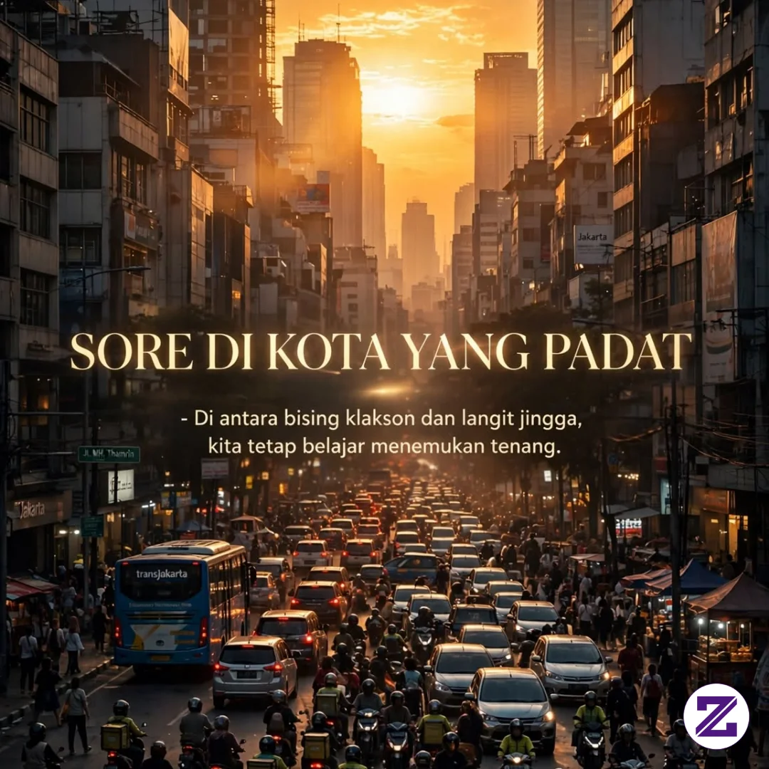 Dengan Matahari Di Ujung Jalan Dan TransJakarta Di Tengah Macetnya Jakarta Sore.