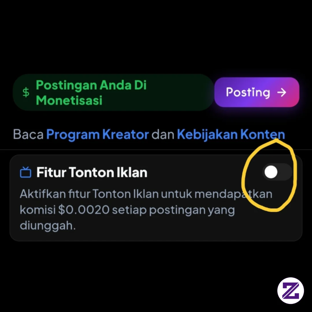 Aktifkan Fitur Tonton Iklan Untuk Mendapatkan Komisi $0.0020 Setiap Postingan