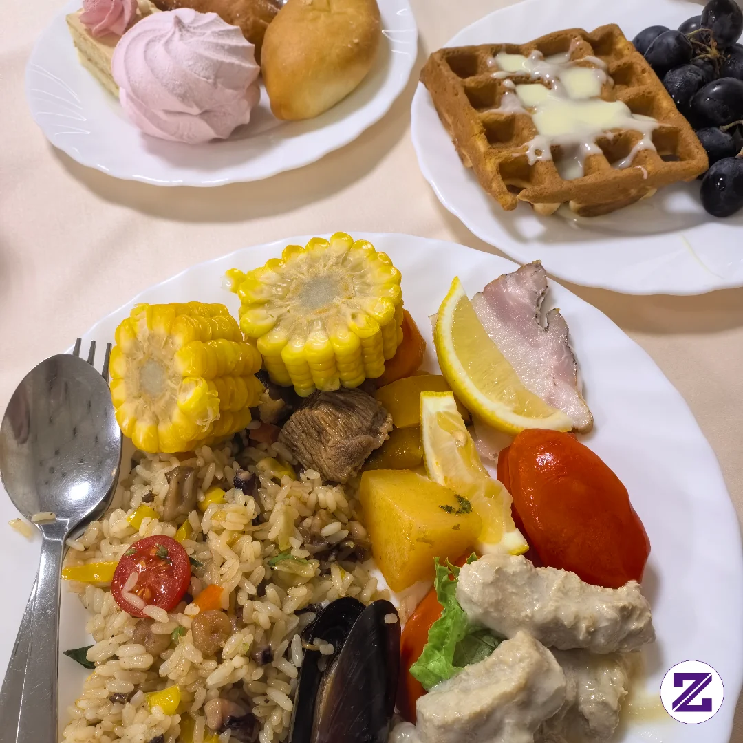 Rice, Fresh Corn, Juicy Fruits, Warm Waffles And Sweet Treats All Ready To Enjoy