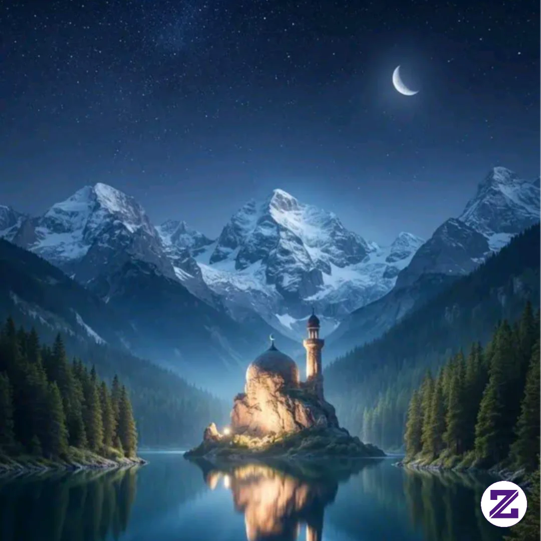 A Solitary Mosque Built Upon A Rock In The Middle Of A Serene Lake, Glowing
