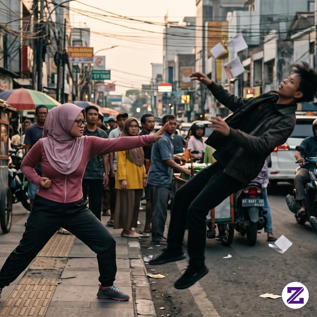 A Woman And A Man Are Fighting In The Street, And The Woman Is Using Her Kung