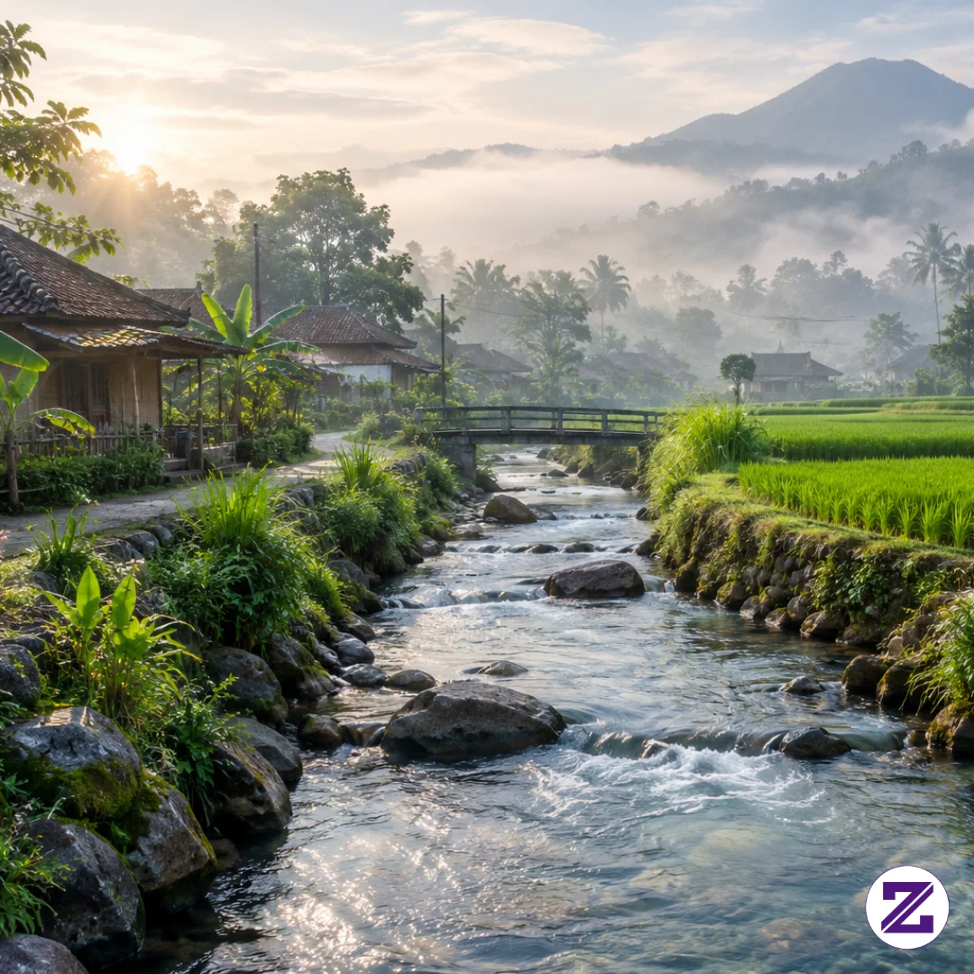 Air Sungai Mengalir Tanpa Suara Yang Gaduh, Hamparan Sawah Menghijau Menyejukkan