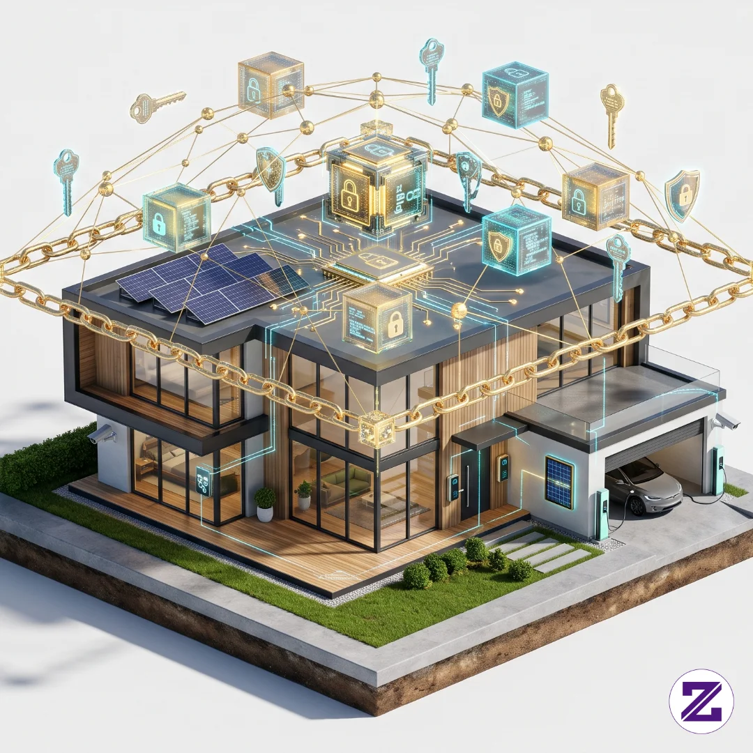 Futuristic Smart Home Blockchain Network Cyber Security 3D Concept