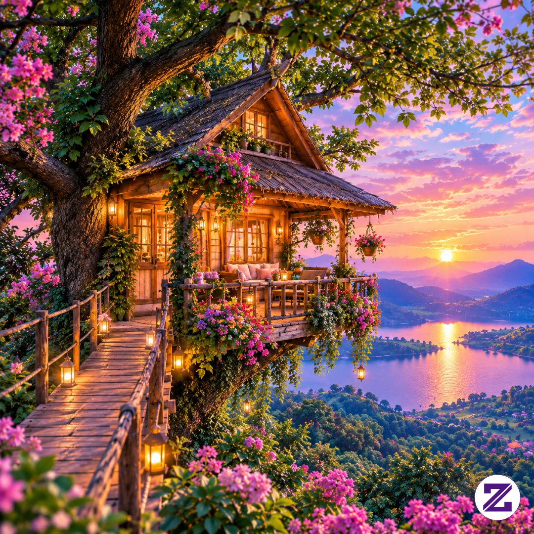 🌳✨ Bayangkan Punya Rumah Pohon Seindah Ini, Ditemani Cahaya Senja, Bunga Yang