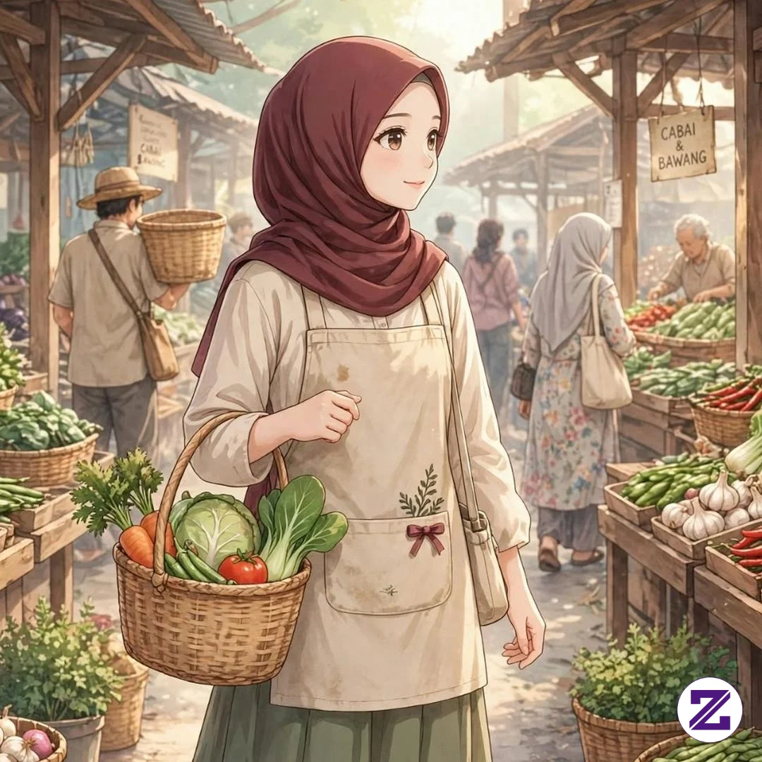 Pagi Hangat Dipasar Tradisional , Gadis Berhijab Maroon Dengan Apron, Crem