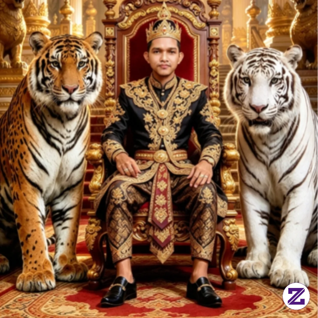 Duduk Santai Di Kursi Kerajaan Di Temani Dua Harimau
