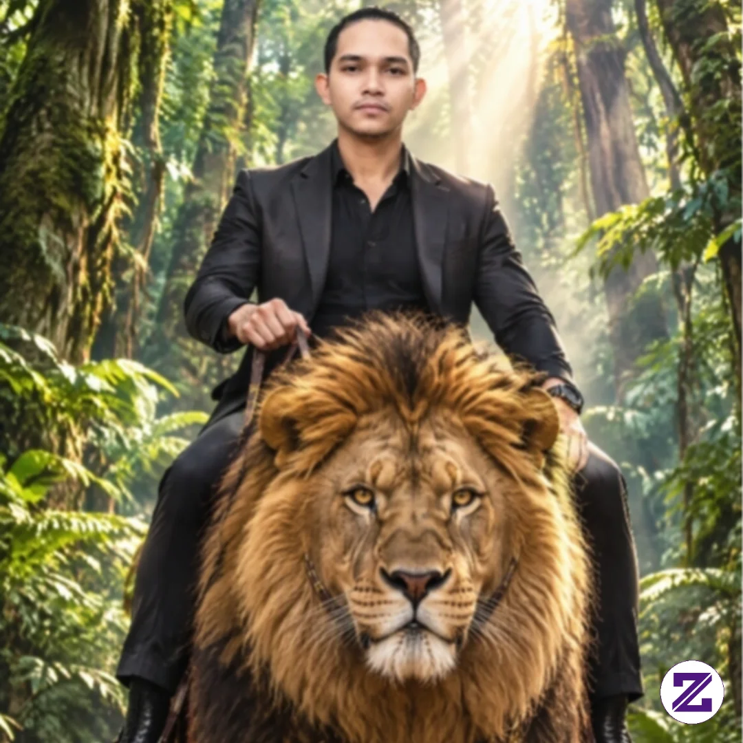 Pria Sedang Menunggang Singa Besar