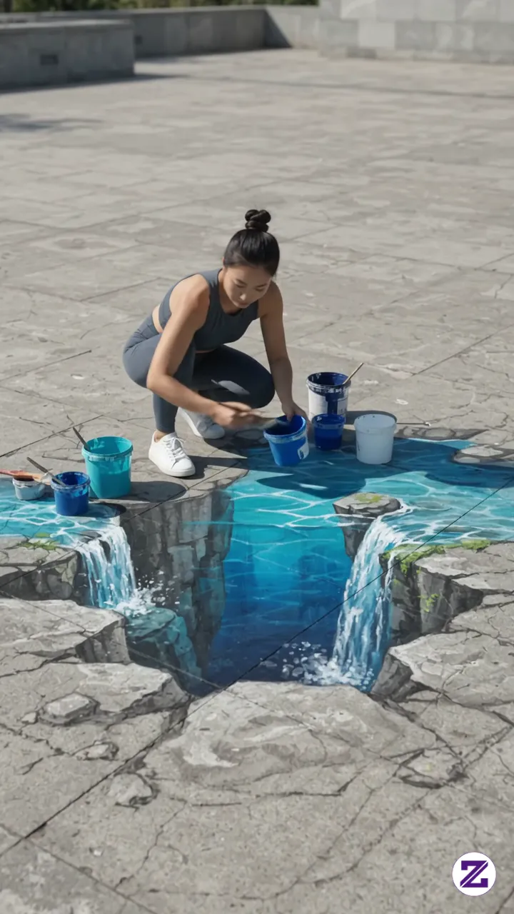 She Turned A Flat Concrete Floor Into A Crystal Blue Waterfall! 😱💦 #3DIllusion